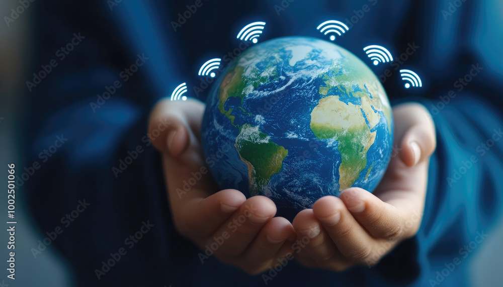 hands holding globe with WiFi icons around it hands holding globe with WiFi icons around it