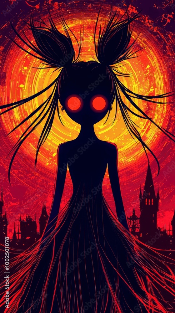 Φωτογραφία Silhouette of a Woman with Red Eyes in Front of a Blood Moon and a City