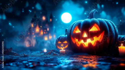 Realistic close up pumpkin lantern with spooky light effect, halloween celebration background in autumn