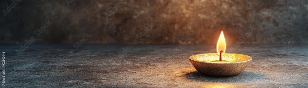A glowing candle in a brass holder on a textured surface, creating a warm ambiance. A glowing candle in a brass holder on a textured surface, creating a warm ambiance.