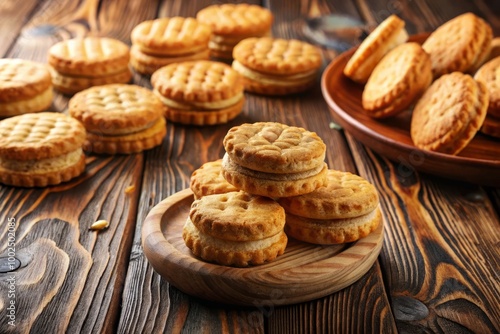 Freshly Baked Ships Biscuits in a Rustic Setting Ready for Enjoyment on a Wooden Table Surface