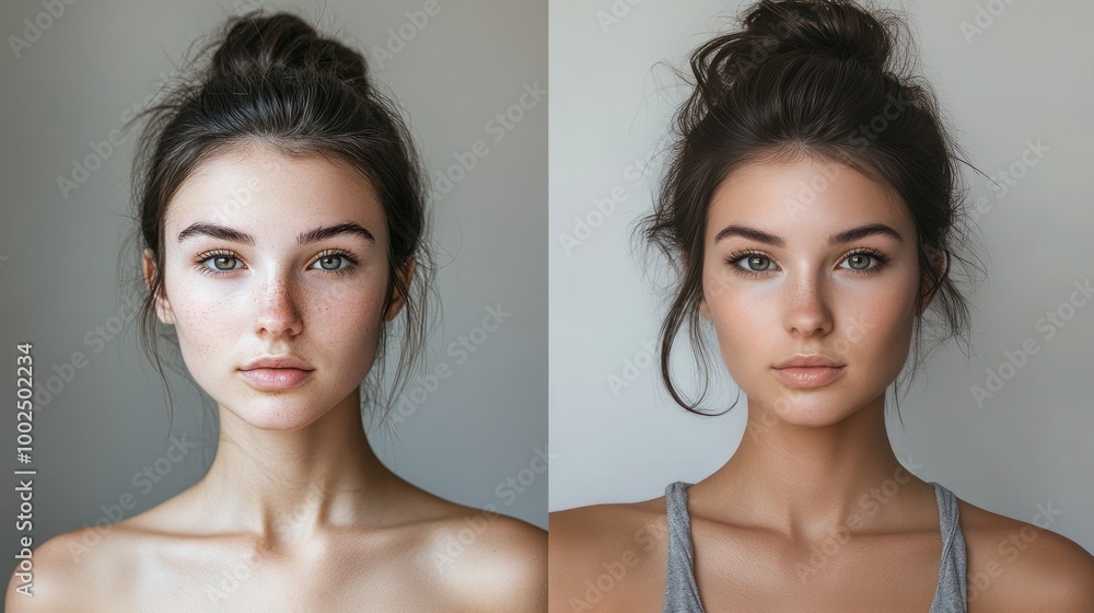Side-by-Side Comparison of a Woman's Face Before and After Makeup Side-by-Side Comparison of a Woman's Face Before and After Makeup