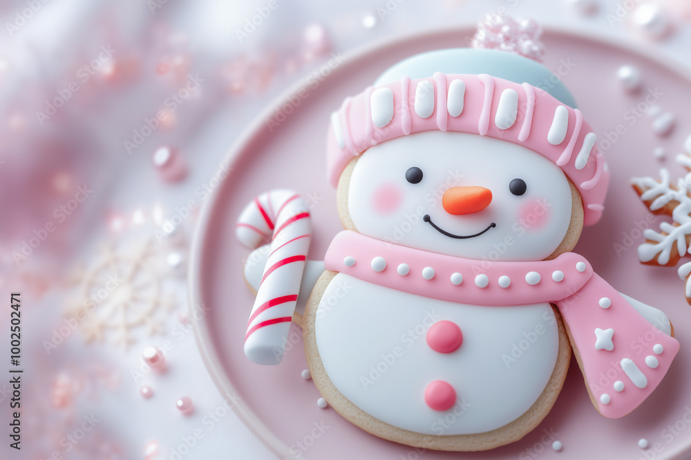 Fototapeta premium Snowman Cookie with Candy Cane and Pastel Colors, Festive Baking