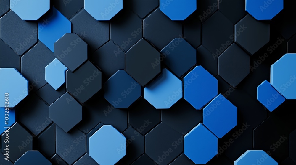 A modern abstract design featuring various blue hexagonal shapes arranged in a creative pattern against a dark background A modern abstract design featuring various blue hexagonal shapes arranged in a creative pattern against a dark background