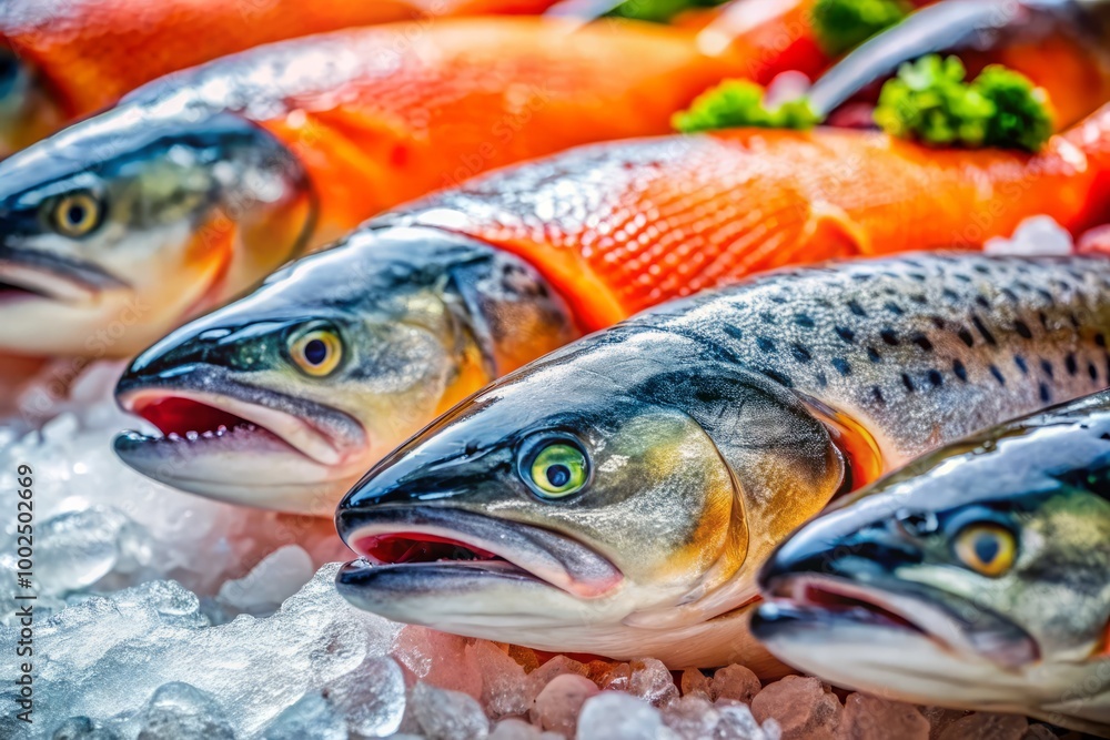 Freshly Caught Salmon Displayed on Ice in a Seafood Market Ready for Sale and Cooking Delicacies Freshly Caught Salmon Displayed on Ice in a Seafood Market Ready for Sale and Cooking Delicacies