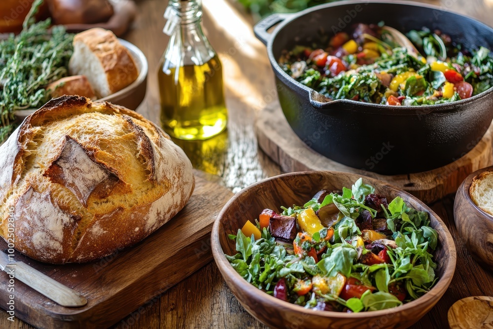 A rustic table setting featuring fresh bread, a colorful salad, and a hearty vegetable stew. A rustic table setting featuring fresh bread, a colorful salad, and a hearty vegetable stew.