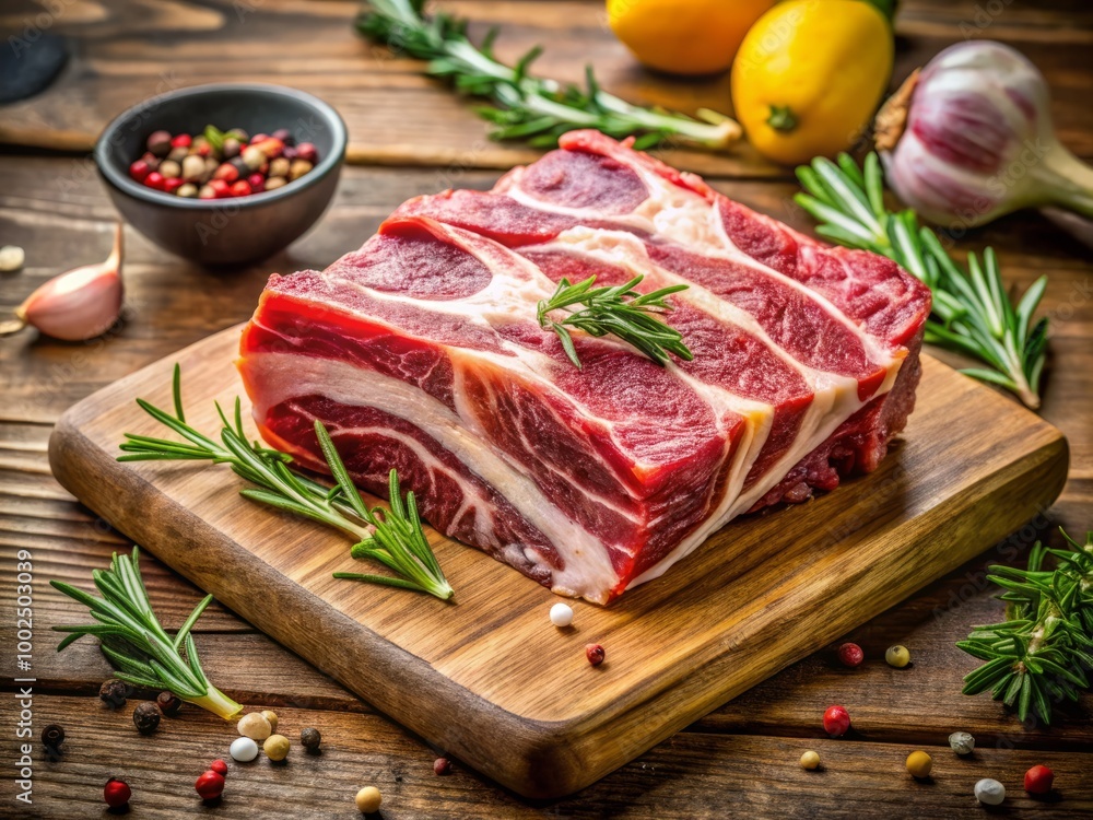 Freshly Cut Beef Belly on Wooden Cutting Board Ready for Cooking and Culinary Preparation Freshly Cut Beef Belly on Wooden Cutting Board Ready for Cooking and Culinary Preparation