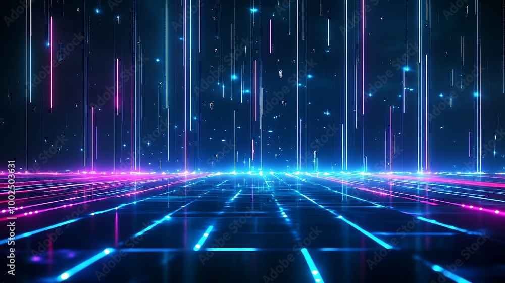 Futuristic digital landscape with glowing lines and vibrant colors creating a sci-fi atmosphere. Futuristic digital landscape with glowing lines and vibrant colors creating a sci-fi atmosphere.