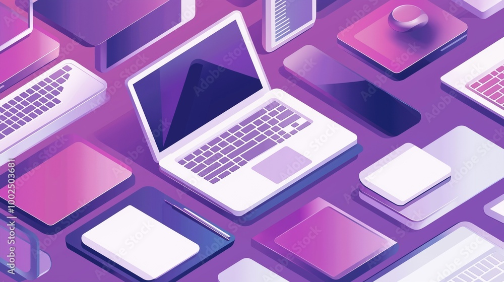 A colorful isometric illustration of multiple laptop computer and smartphones. A colorful isometric illustration of multiple laptop computer and smartphones.
