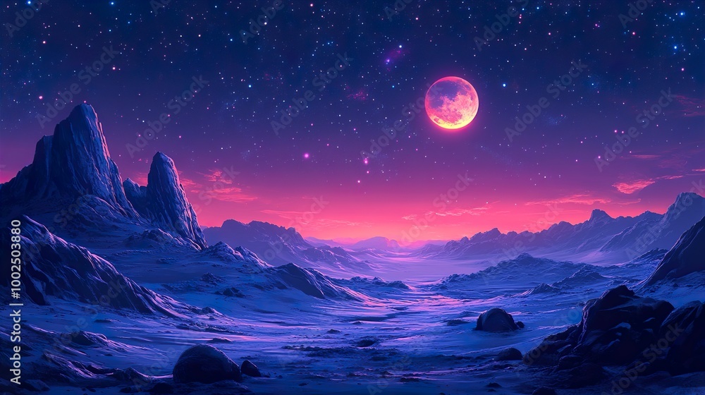 Dreamy Night Sky Over Mountain Range with a Full Moon Dreamy Night Sky Over Mountain Range with a Full Moon