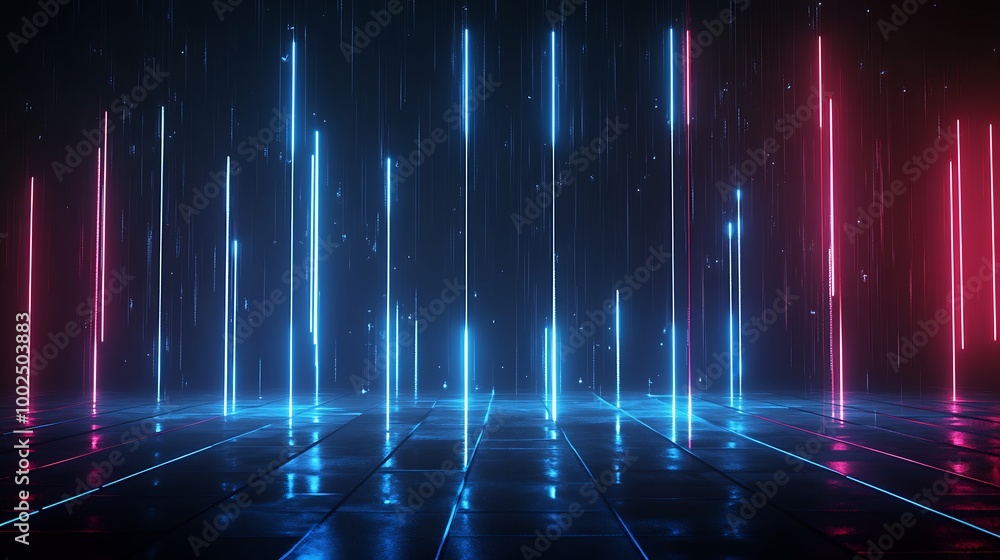 Futuristic digital landscape with glowing lines in blue and pink against a dark background, perfect for tech-themed designs.