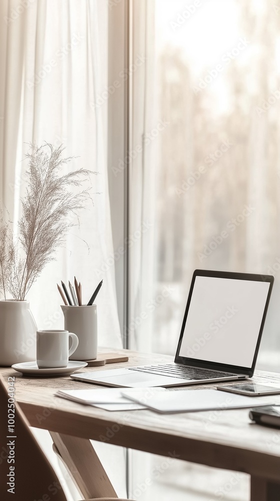 A modern workspace featuring a laptop with a blank screen, various office supplies, potted plants, and books. A modern workspace featuring a laptop with a blank screen, various office supplies, potted plants, and books.