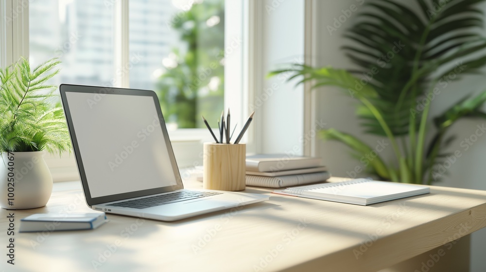 A modern workspace featuring a laptop with a blank screen, various office supplies, potted plants, and books. A modern workspace featuring a laptop with a blank screen, various office supplies, potted plants, and books.