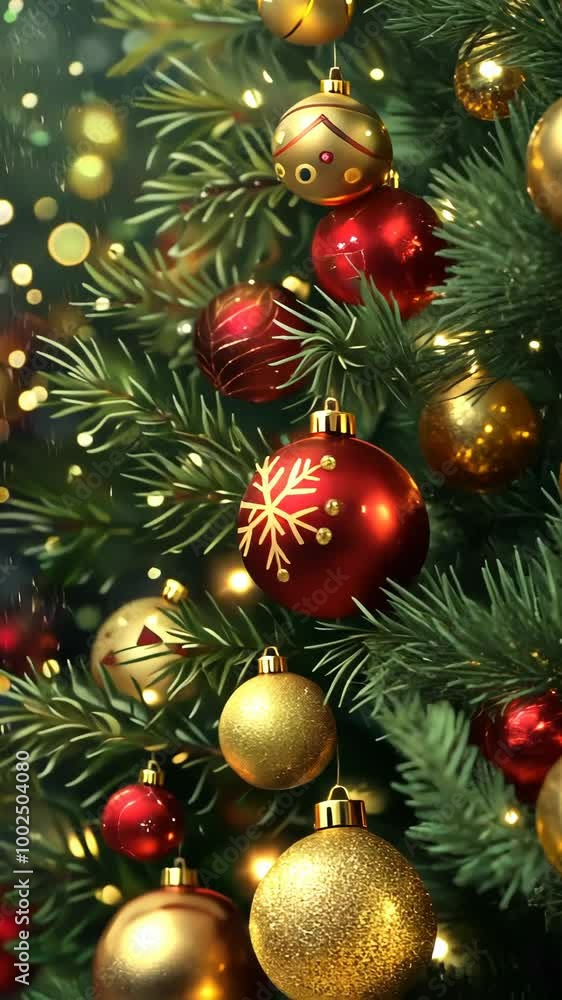 Christmas tree with red and golden balls, lights, bokeh and a place for text Christmas tree with red and golden balls, lights, bokeh and a place for text