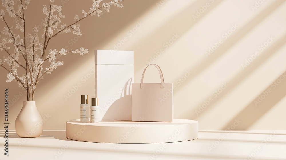 Cosmetic bottles and tubes placed on a shelf podium. Cosmetic bottles and tubes placed on a shelf podium.