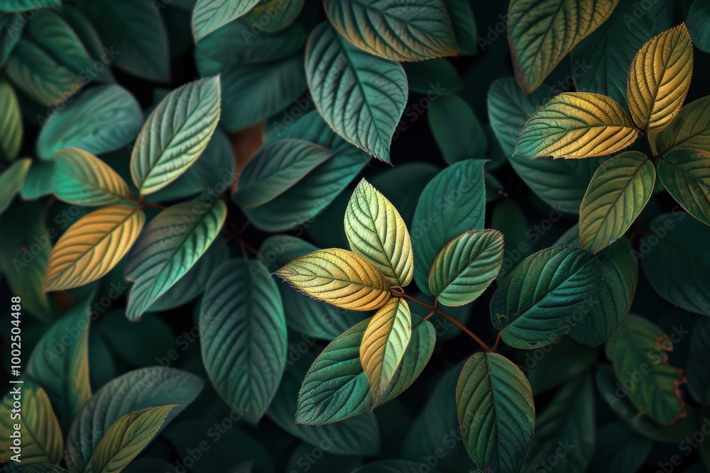 Fototapeta premium Vibrant Green and Yellow Leaves with Detailed Texture: Botanical Photography for Nature-Inspired Design and Autumn Beauty