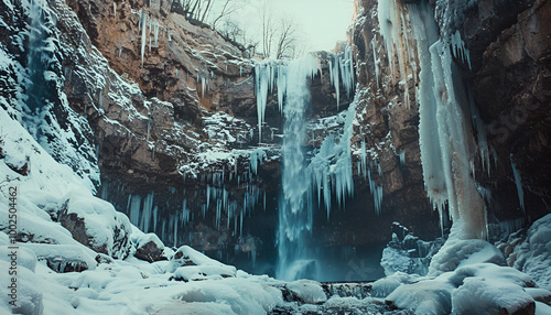 Tranquil Winter Waterfall with Icicles Surrounded by Snowy Landscape. Concept of Winter Serenity, Frozen Nature, Cold Beauty