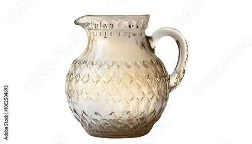 a glass pitcher with a handle

 photo