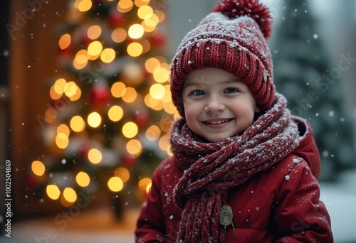 Wallpaper Mural Little boy bundled up in a hat and scarf, smiling in front of a glowing Christmas tree Torontodigital.ca