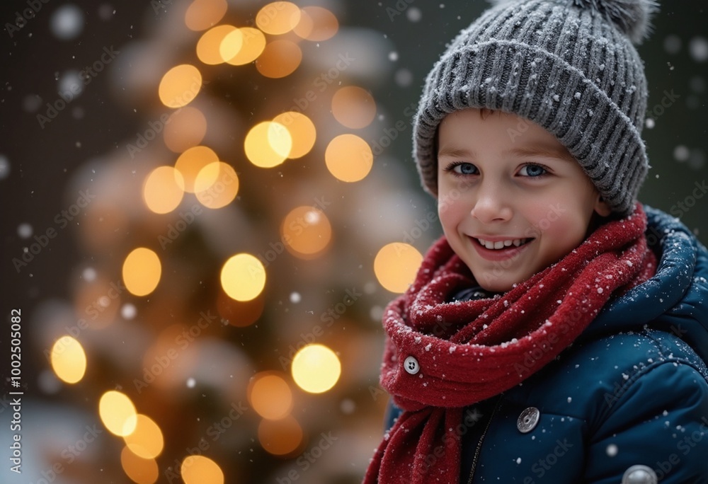 Little boy bundled up in a hat and scarf, smiling in front of a glowing Christmas tree Little boy bundled up in a hat and scarf, smiling in front of a glowing Christmas tree