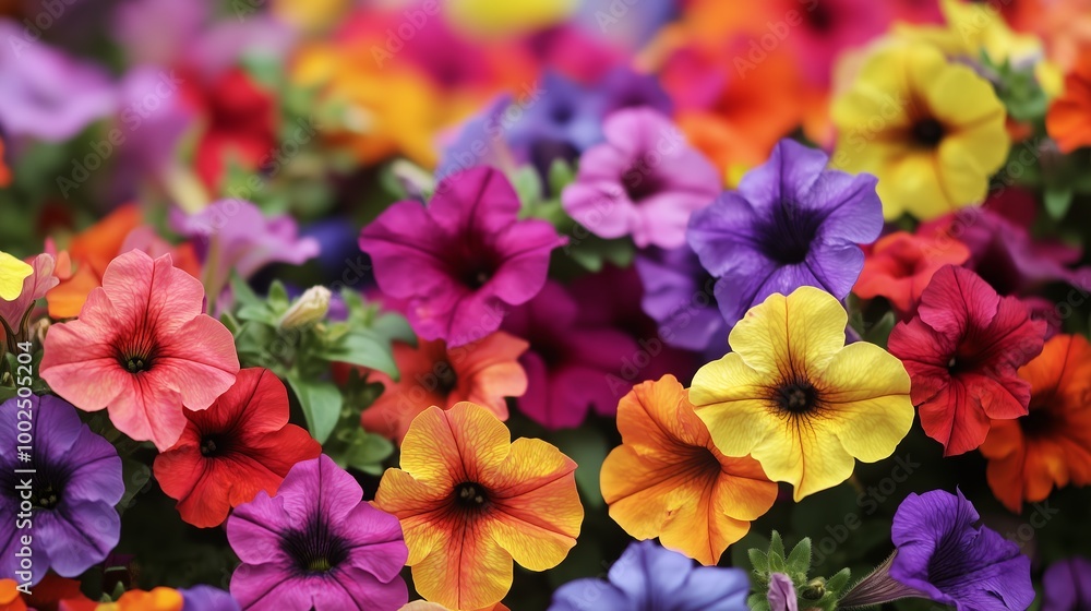 Colorful petunias blooming in a vibrant garden display during springtime, showcasing a variety of hues and textures Colorful petunias blooming in a vibrant garden display during springtime, showcasing a variety of hues and textures