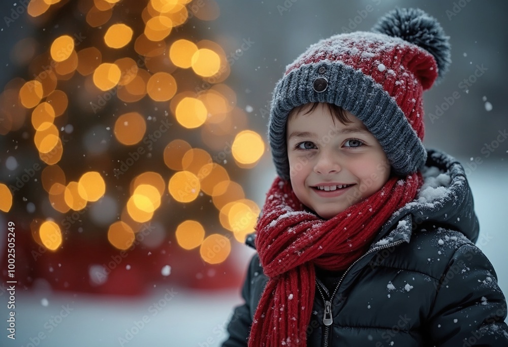 Little boy bundled up in a hat and scarf, smiling in front of a glowing Christmas tree Little boy bundled up in a hat and scarf, smiling in front of a glowing Christmas tree