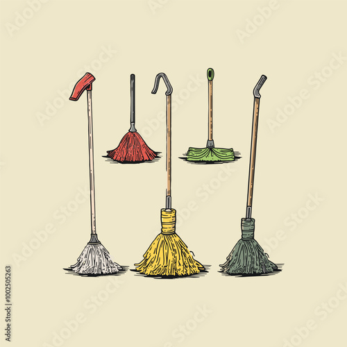 Set of floor mop equipment vintage design vector illustration