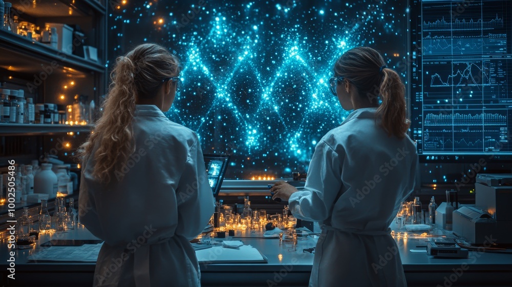 Researchers analyze CRISPR technology in a high-tech laboratory during a late-night session Researchers analyze CRISPR technology in a high-tech laboratory during a late-night session