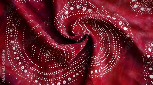 A vibrant Bandhani pattern featuring intricate tie-dye designs with small white dots arranged in circular and geometric shapes. The deep red fabric showcases the detailed craftsmanship of tying 