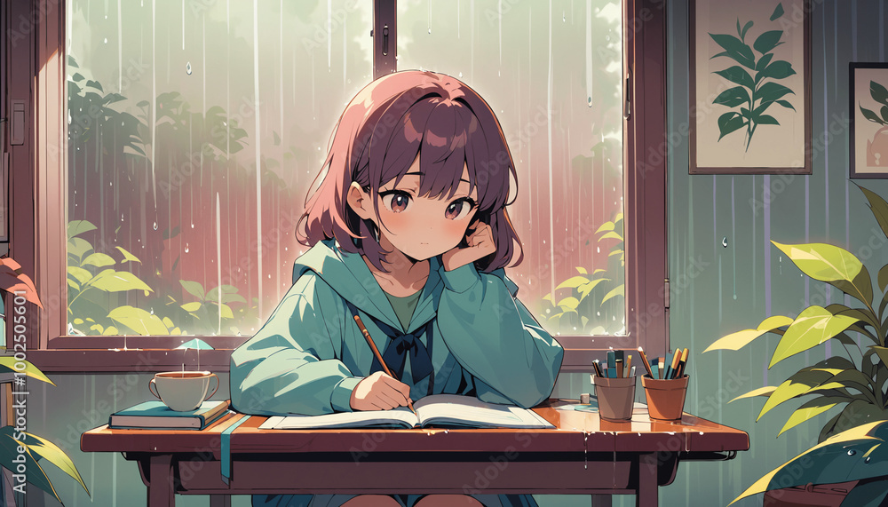 Lo-fi Girl Studying at Her Desk: Rainy Chill Vibes, Atmospheric 4K Wallpaper in Anime Manga Style Lo-fi Girl Studying at Her Desk: Rainy Chill Vibes, Atmospheric 4K Wallpaper in Anime Manga Style