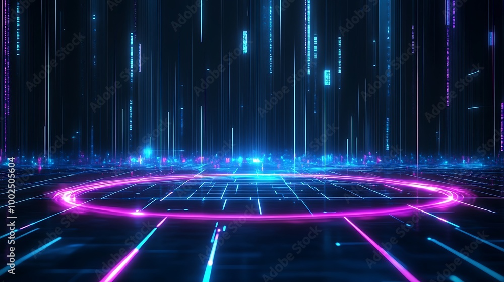 Futuristic digital landscape with neon lights and grid patterns, ideal for sci-fi and tech-themed projects. Futuristic digital landscape with neon lights and grid patterns, ideal for sci-fi and tech-themed projects.