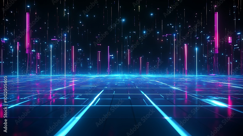 Futuristic digital landscape with neon lights and grids, creating an immersive virtual environment. Futuristic digital landscape with neon lights and grids, creating an immersive virtual environment.