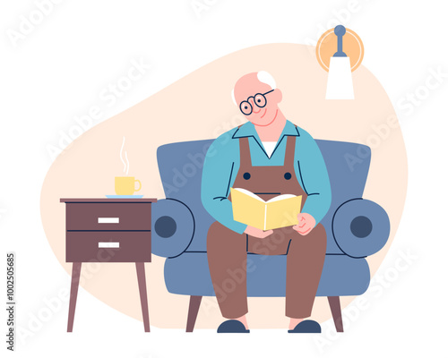 Grandfather reading book. Old man sitting on chair in cozy living room and resting with magazine or periodical. Relaxing time, retirement vector character