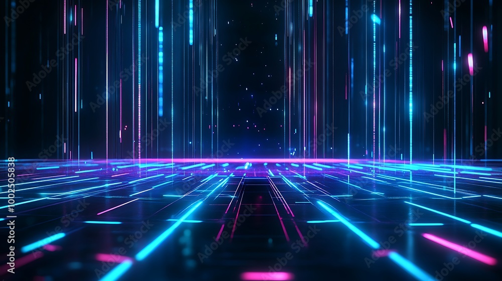 Futuristic digital landscape with neon lights, creating a vibrant and immersive environment.