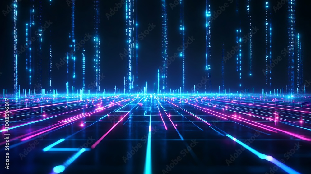 Futuristic digital landscape with neon lines and grids, creating a sense of depth and innovation in technology. Futuristic digital landscape with neon lines and grids, creating a sense of depth and innovation in technology.