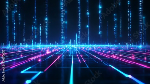 Futuristic digital landscape with neon lines and grids, creating a sense of depth and innovation in technology.