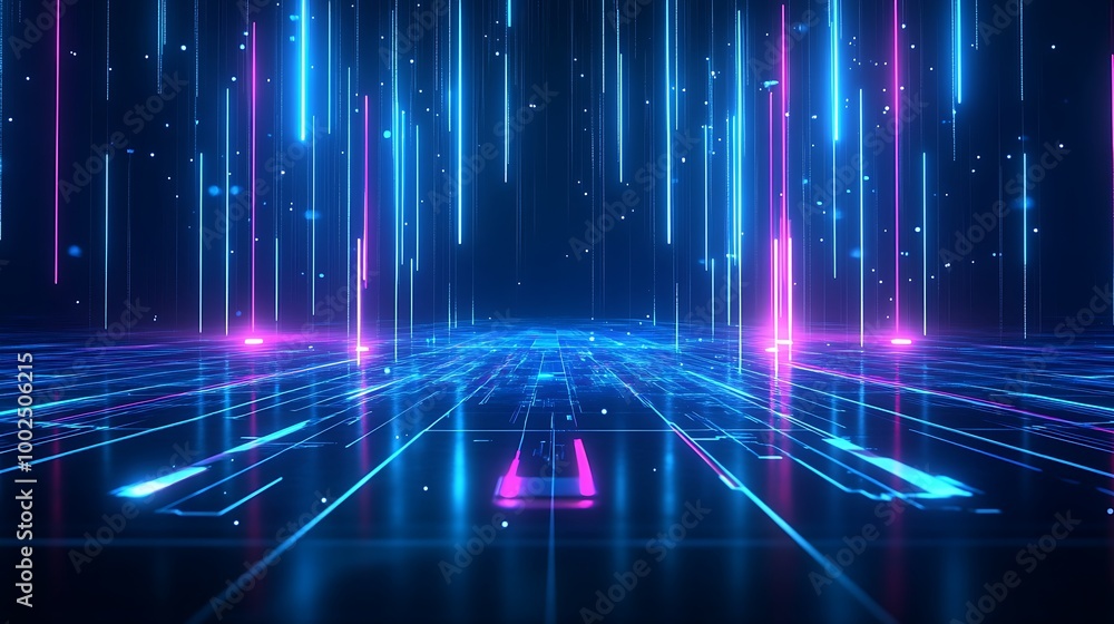 Futuristic digital landscape with vibrant blue and pink lights, creating an immersive cybernetic experience. Futuristic digital landscape with vibrant blue and pink lights, creating an immersive cybernetic experience.