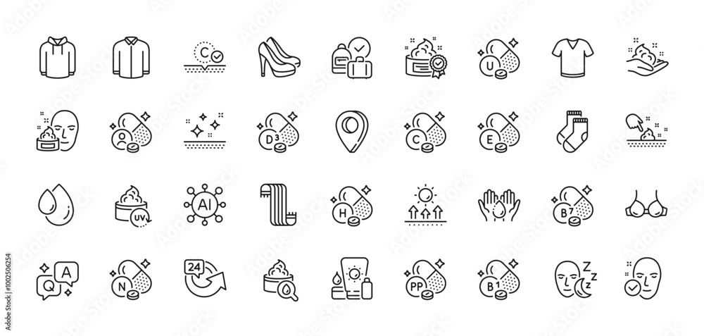 Clean skin, Hoody and Vitamin n line icons pack. AI, Question and Answer, Map pin icons. Uv protection, Moisturizing cream, Sunscreen web icon. Health skin, Sun protection, 24 hours pictogram. Vector Clean skin, Hoody and Vitamin n line icons pack. AI, Question and Answer, Map pin icons. Uv protection, Moisturizing cream, Sunscreen web icon. Health skin, Sun protection, 24 hours pictogram. Vector