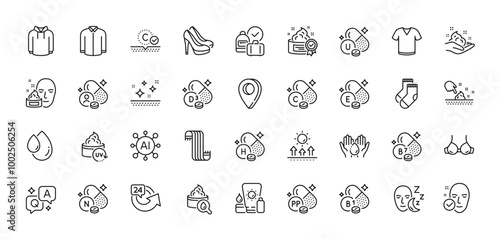 Clean skin, Hoody and Vitamin n line icons pack. AI, Question and Answer, Map pin icons. Uv protection, Moisturizing cream, Sunscreen web icon. Health skin, Sun protection, 24 hours pictogram. Vector