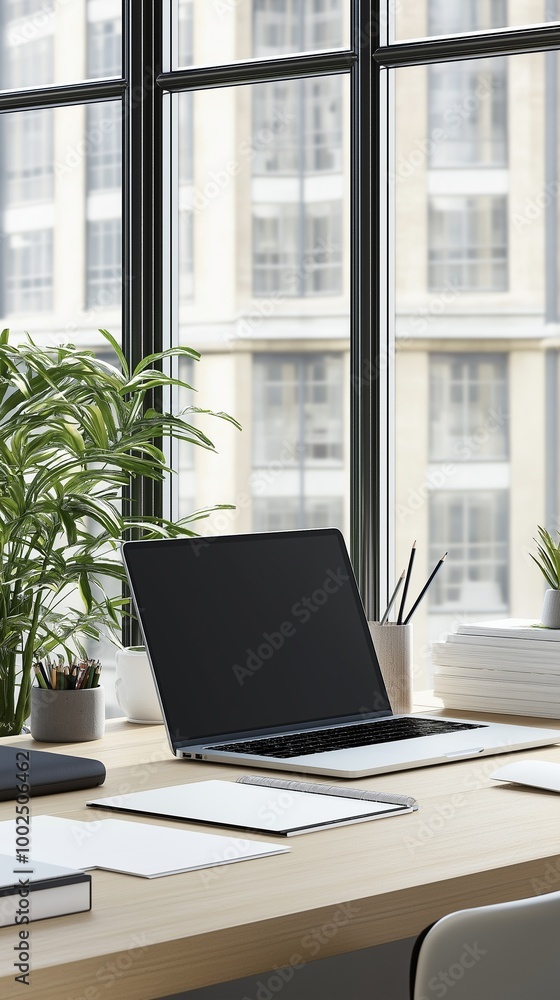 A modern workspace featuring a laptop with a blank screen, various office supplies, potted plants, and books. A modern workspace featuring a laptop with a blank screen, various office supplies, potted plants, and books.