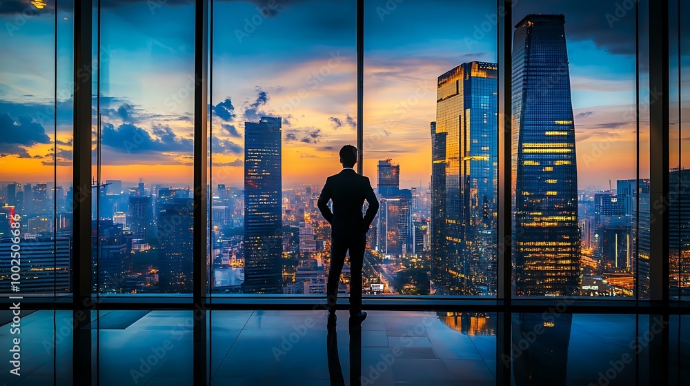 Fototapeta premium A businessman standing by a large glass window in a high-rise office, overlooking the city skyline, deep in thought as he strategizes his next move
