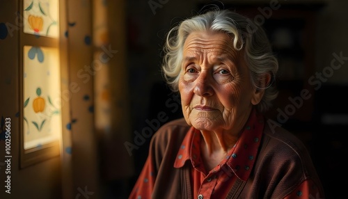 Old family Spanish portrait, candid image, vintage effect, short very old Spanish woman in a shop, typical Spanish grandma clothing, in her house, in the middle of a Spanish Mediterranean countryside 