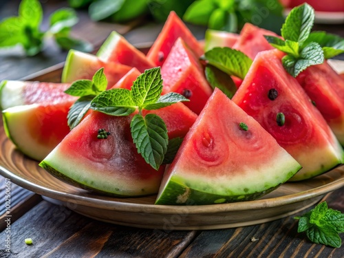 Deliciously fresh organic watermelon slices served on a platter with mint leaves, ideal for summer gatherings and a