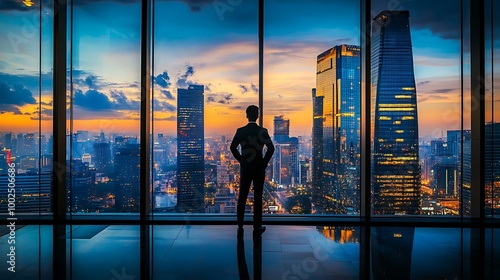 A businessman standing by a large glass window in a high-rise office, overlooking the city skyline, deep in thought as he strategizes his next move