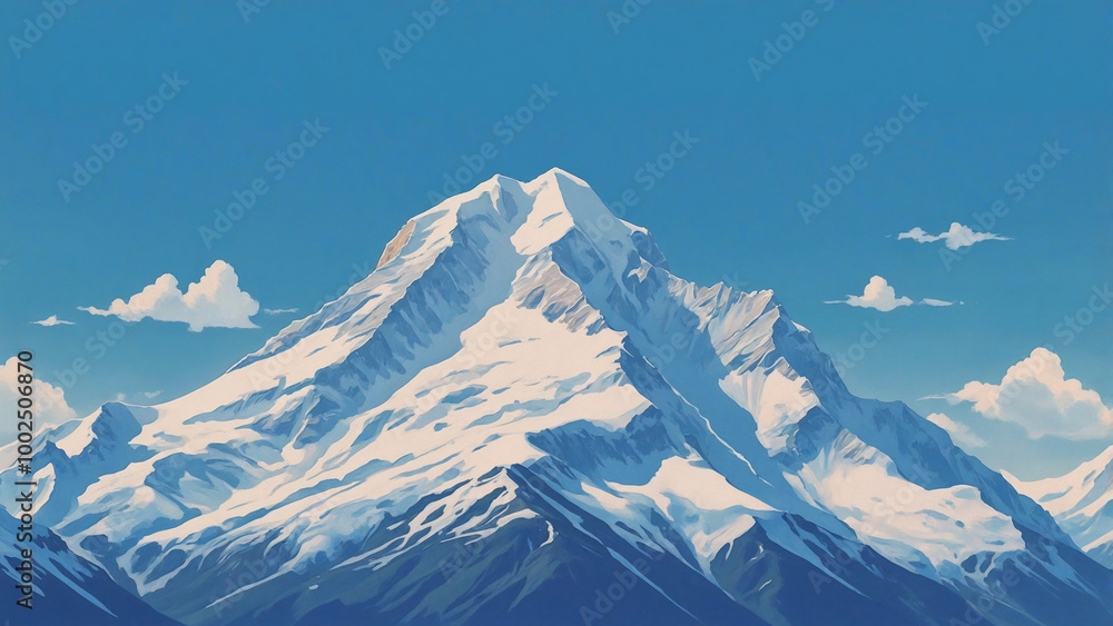 Obraz premium a digital painting of a majestic mountain peak, with its snowy peak reaching towards a clear blue sky
