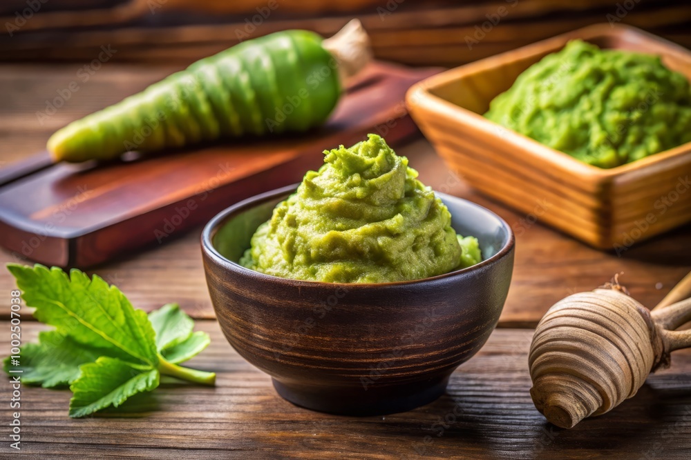 Fresh wasabi root and paste showcased alongside traditional Japanese ingredients on a rustic wooden surface, Fresh wasabi root and paste showcased alongside traditional Japanese ingredients on a rustic wooden surface,