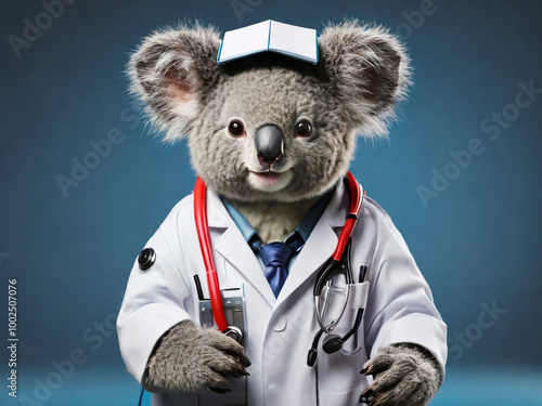 animal koala wearing a doctor's uniform white coat AI generated