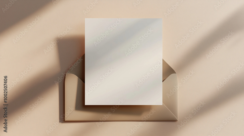 Beige Envelope with Letter Card On Light Beige Background Soft Shadows Reflected On the Surface Beige Envelope with Letter Card On Light Beige Background Soft Shadows Reflected On the Surface