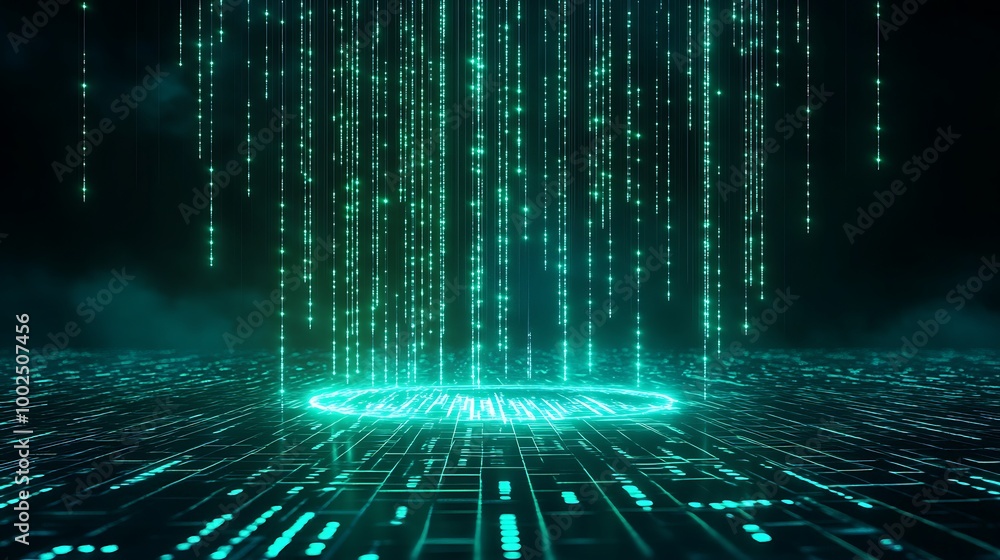 Futuristic digital matrix with glowing green lines descending onto a tech-themed floor. Futuristic digital matrix with glowing green lines descending onto a tech-themed floor.