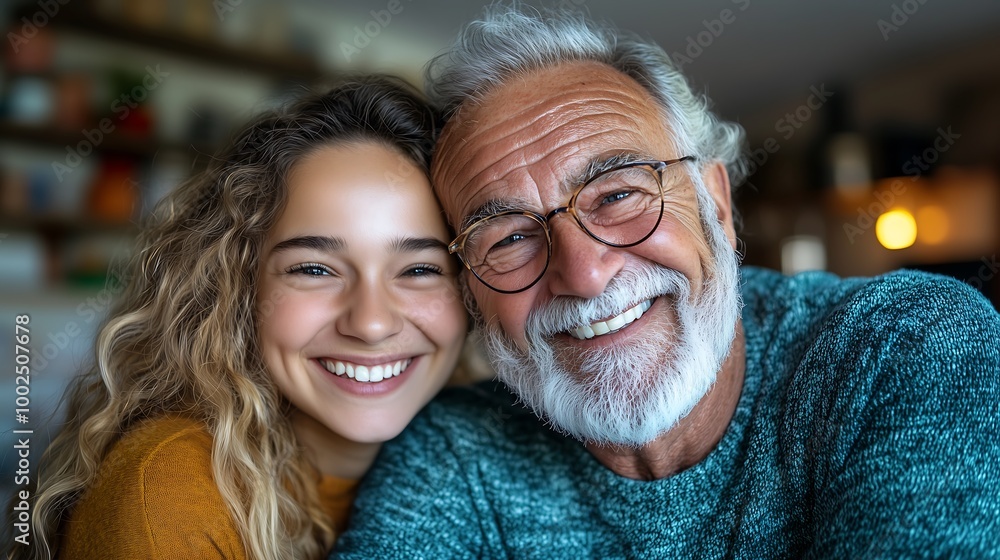 An elderly person with a confident and joyful smile, while their daughter stands beside them, happily hugging their shoulder. The scene should radiate warmth, love, and family connection. An elderly person with a confident and joyful smile, while their daughter stands beside them, happily hugging their shoulder. The scene should radiate warmth, love, and family connection.